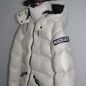 Mackage Ivory Glossy Down Puffer Jacket Arm Logo Short Coat